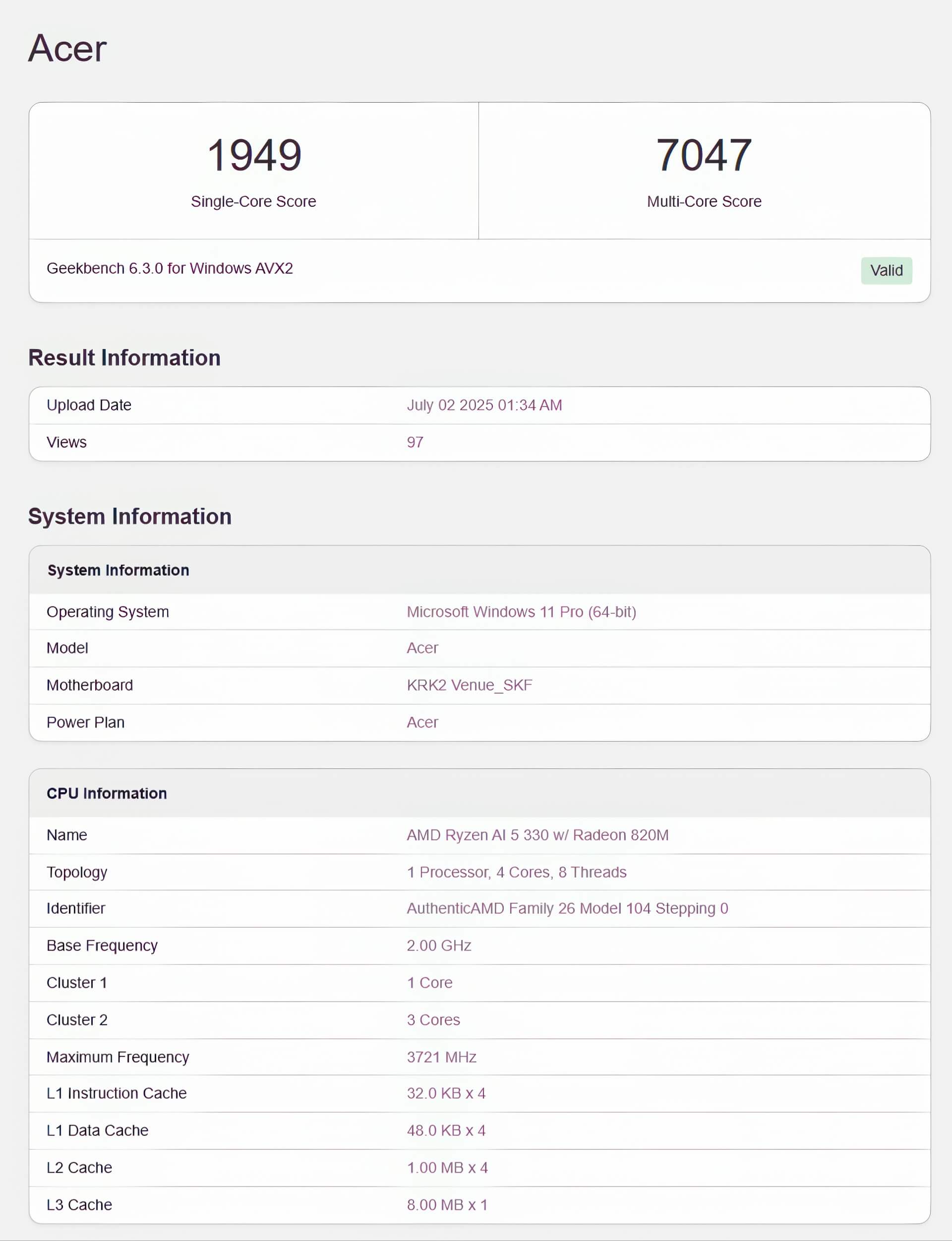 Ryzen Ai 5 330 Krackan 2 Lộ Hiệu Năng Mạnh Mẽ Trên Geekbench