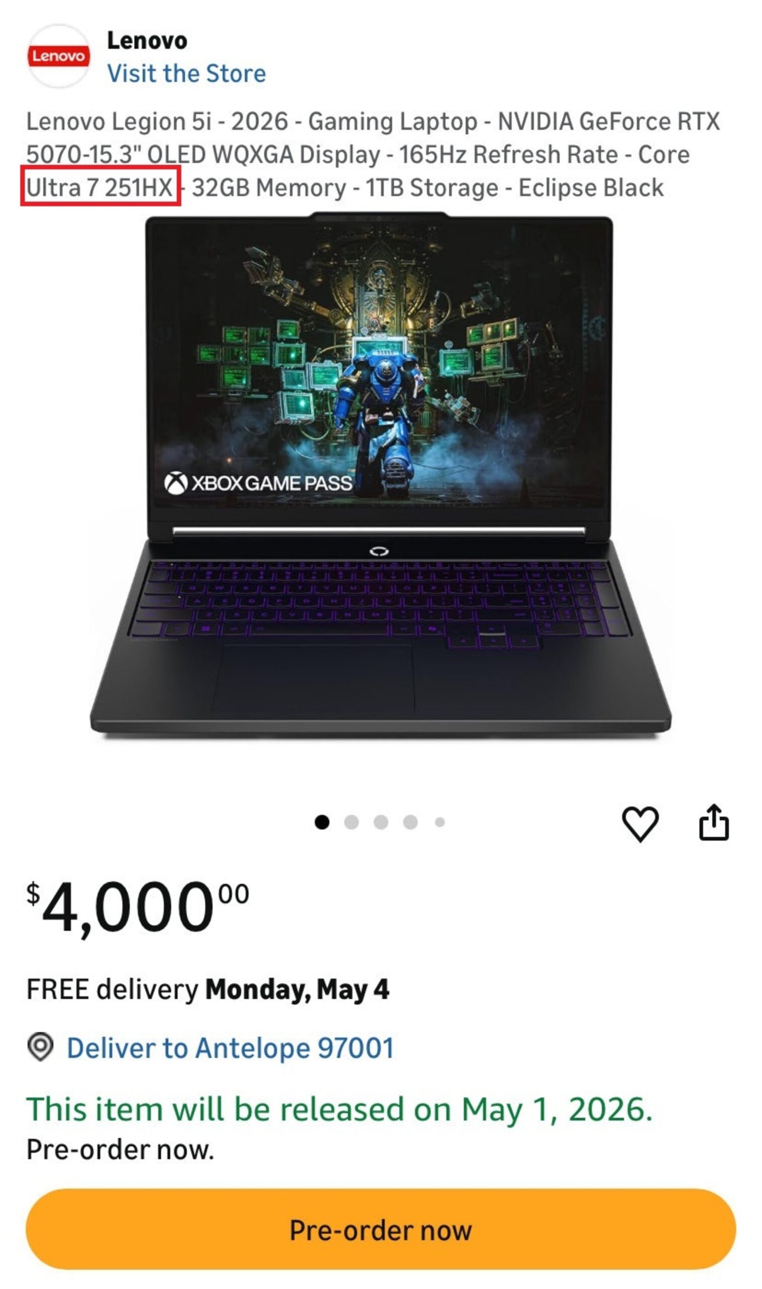 Intel Core Ultra 7 251HX xuất hiện trong listing Lenovo Legion 5i 2026