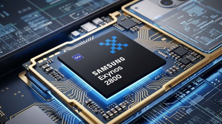 Samsung Exynos 2800 render marketing nền tối viền xanh logo 5G