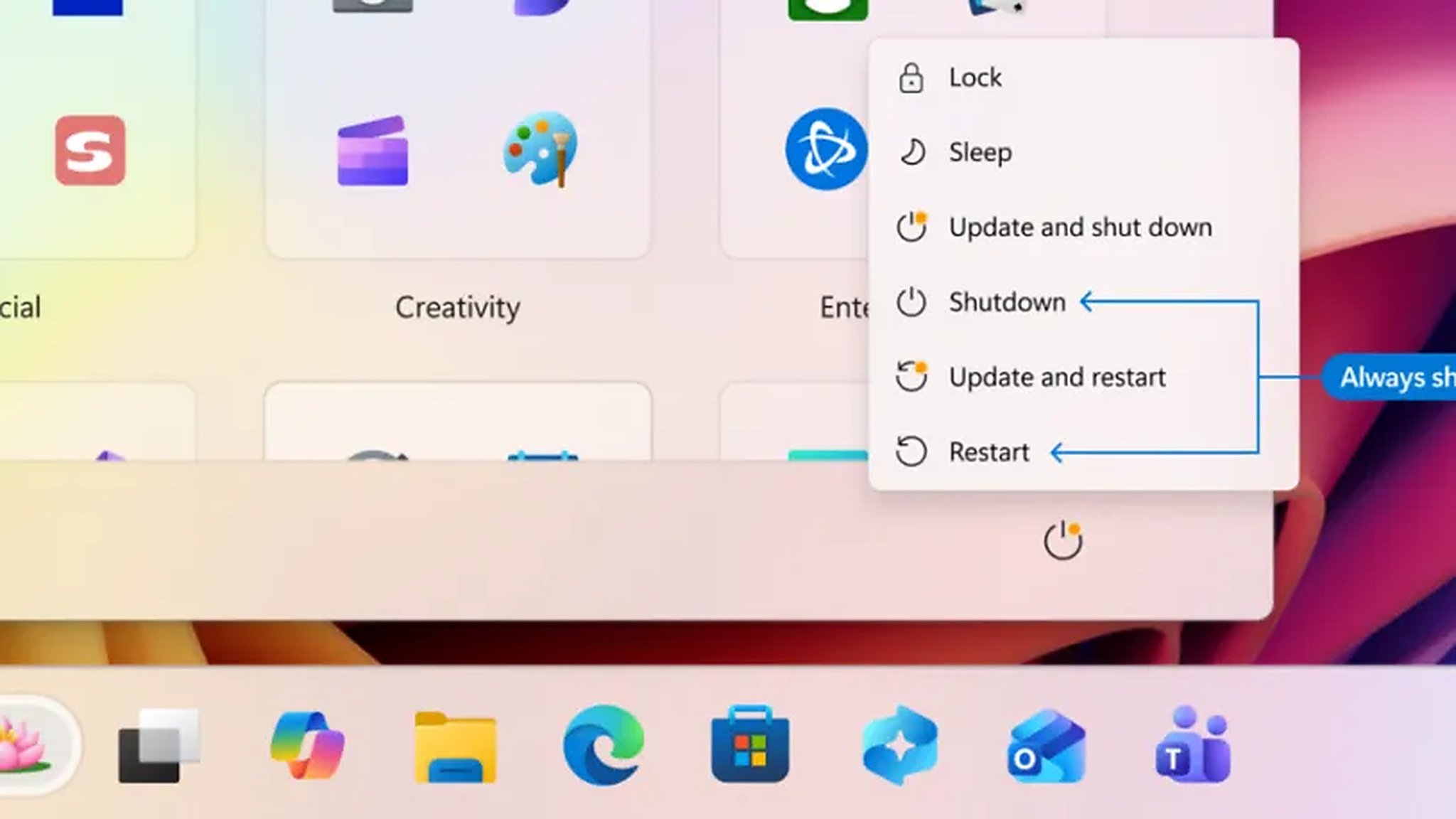 Tùy chọn shutdown hoặc restart không cần cập nhật ngay trên Windows 11