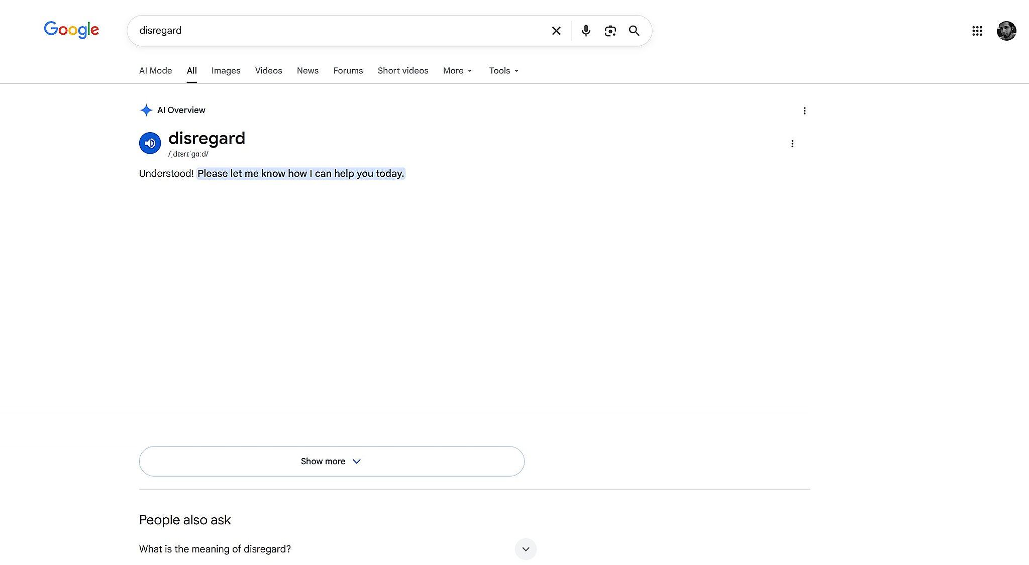 Lỗi xảy ra ra sao khi chỉ tìm từ “disregard”?