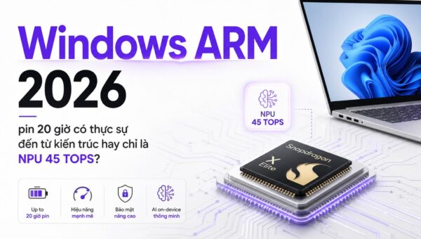 Windows ARM 2026: pin 20 giờ là nhờ kiến trúc hay NPU 45 TOPS?