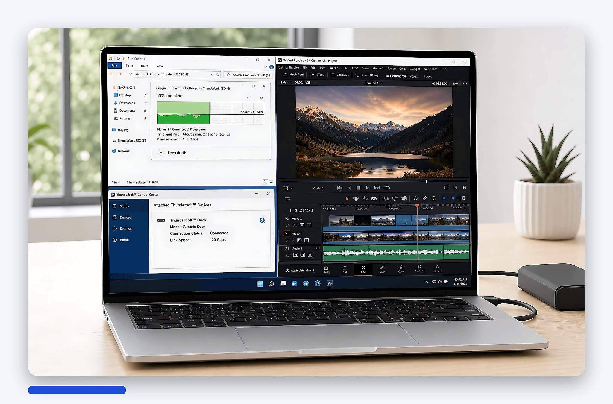 Chép dự án video 8K sang ổ SSD ngoài qua dock Thunderbolt trên laptop