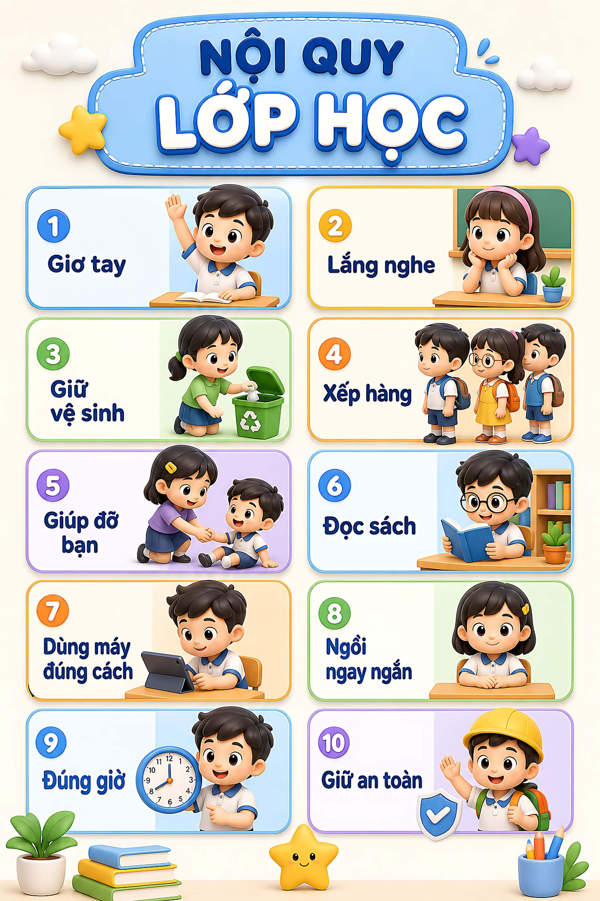 Poster nội quy lớp học tạo bằng prompt AI Poster nội quy lớp học dạng infographic khổ dọc với mười thẻ bo góc chia hai cột, minh họa học sinh và biểu tượng trực quan