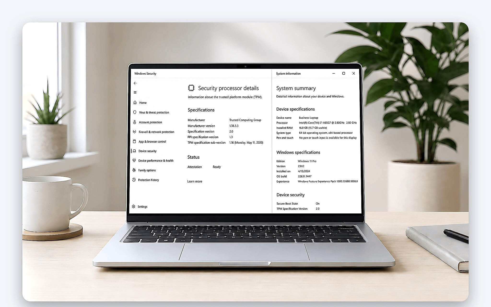 Windows Security hiển thị Secure Boot bật và TPM Specification Version 2.0 Windows Security hiển thị Secure Boot bật và TPM Specification Version 2.0