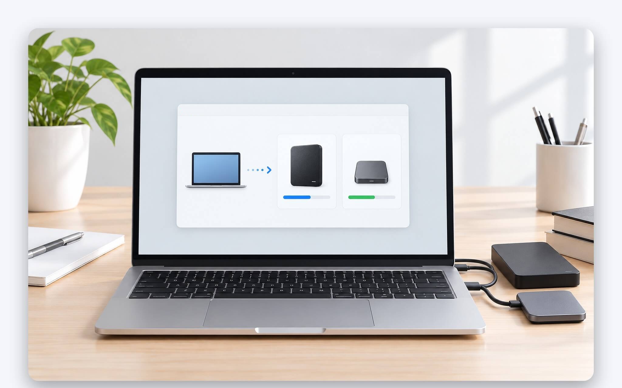 Laptop đặt cạnh HDD gắn ngoài và ổ SSD di động trên bàn làm việc